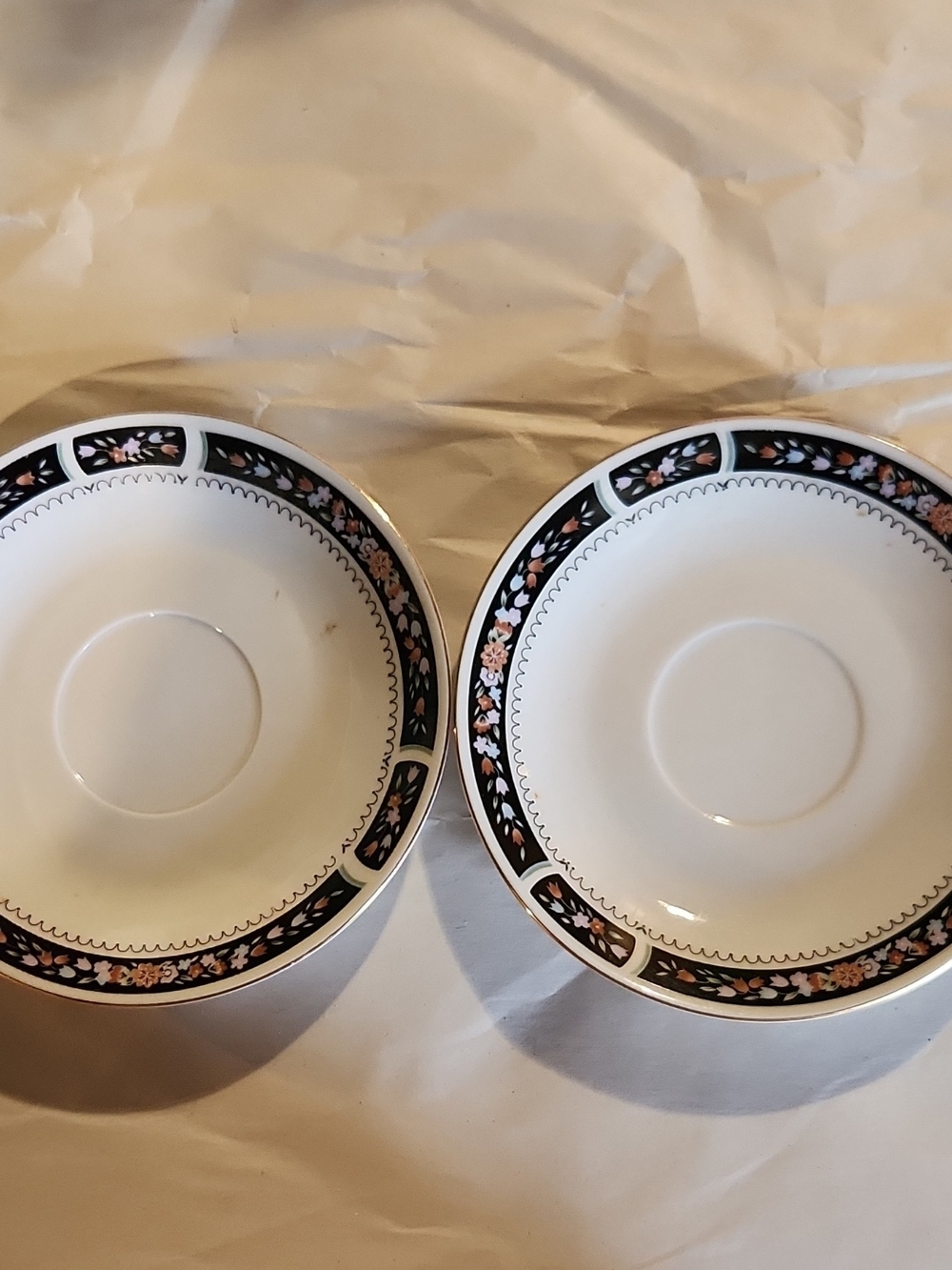 Silver Jeans White Porcelain Saucers with Black and Pink Floral Border - Pair